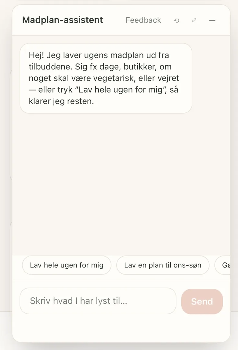 Madplan-assistenten i Simre, hvor man kan skrive ønsker til ugens plan
