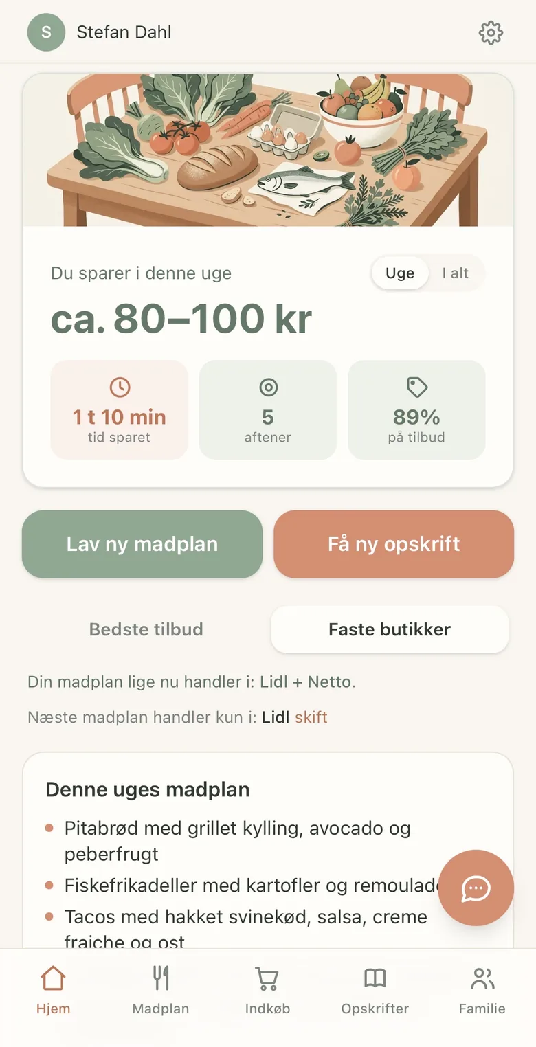 Simres hjemmeskærm med ugens besparelse på ca. 80-100 kr, tid sparet og knapper til ny madplan