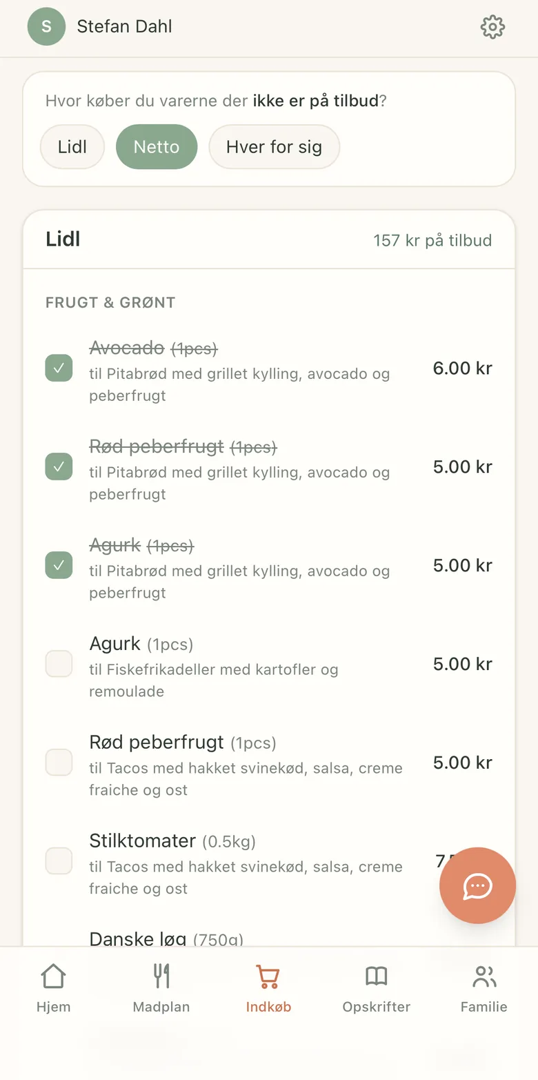 Simres indkøbsliste sorteret efter butik, hvor hver vare hører til en bestemt ret