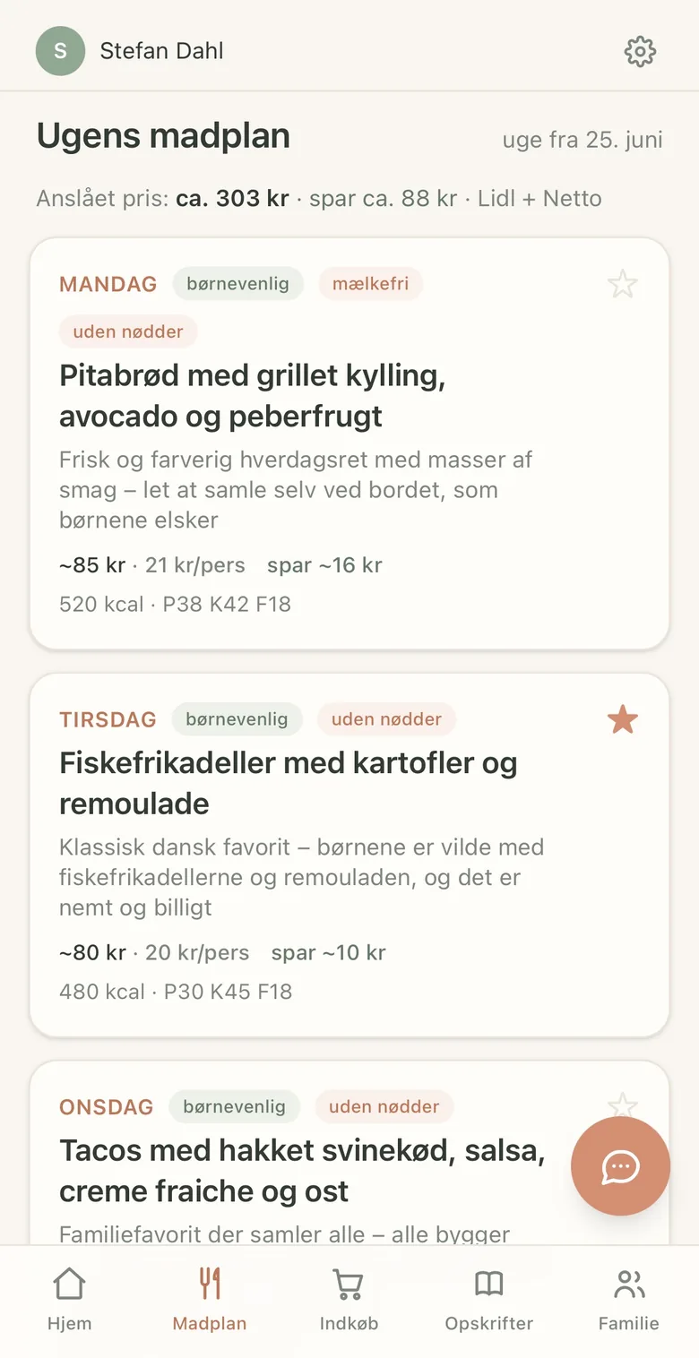 Ugens madplan i Simre med retter dag for dag, cirkapris og besparelse pr. ret