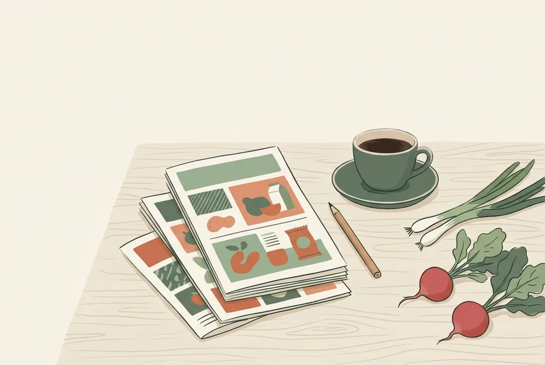 Illustration: tilbudsaviser og en kop kaffe på køkkenbordet, klar til ugens planlægning