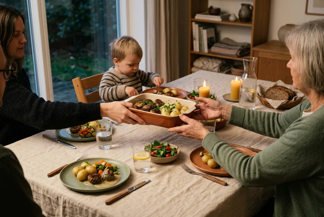 Familie deler aftensmad ved spisebordet