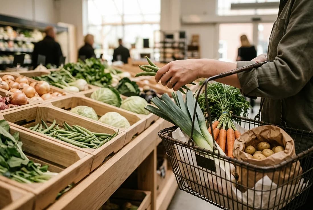 Hånd lægger friske grøntsager i indkøbskurven i supermarkedet